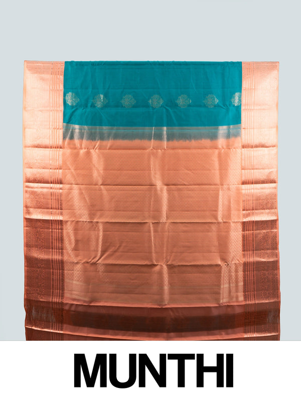 Teal Pure Kanchipuram Silk saree with copper contrast zari border and gold buttas
