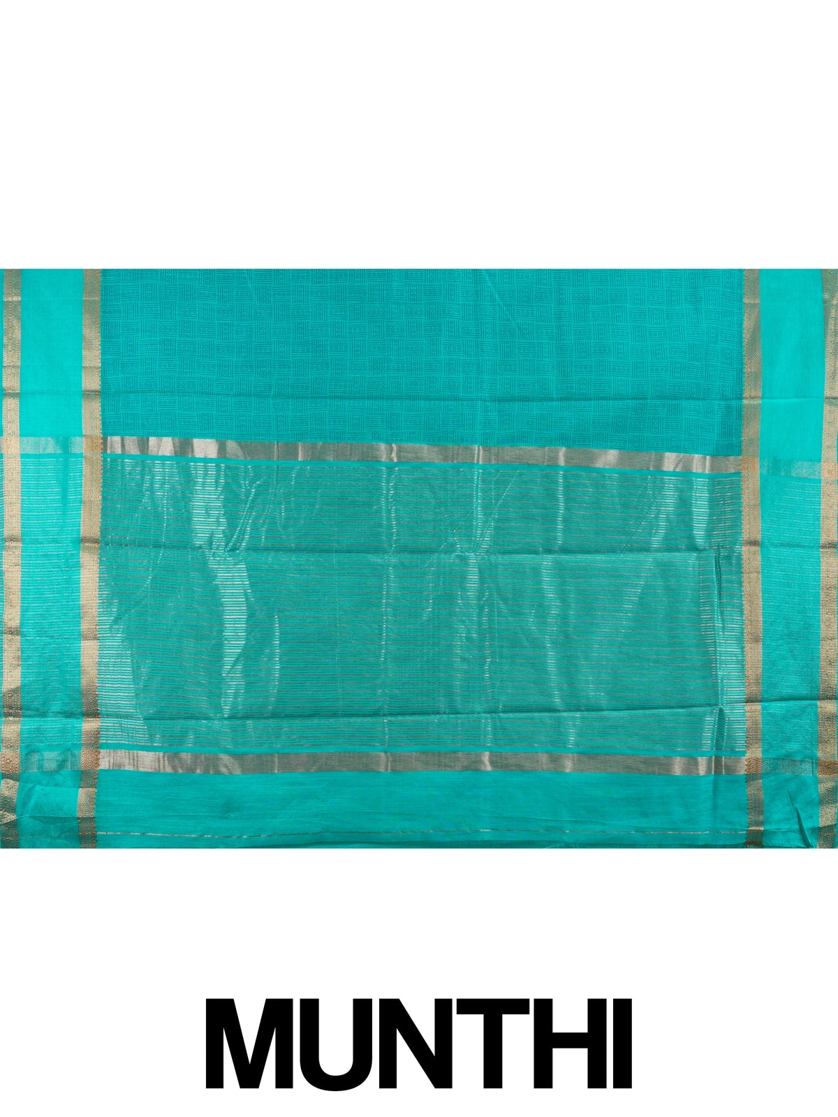Teal green semi tussar saree with geometric body pattern and gold zari border