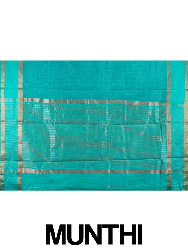 Teal green semi tussar saree with geometric body pattern and gold zari border