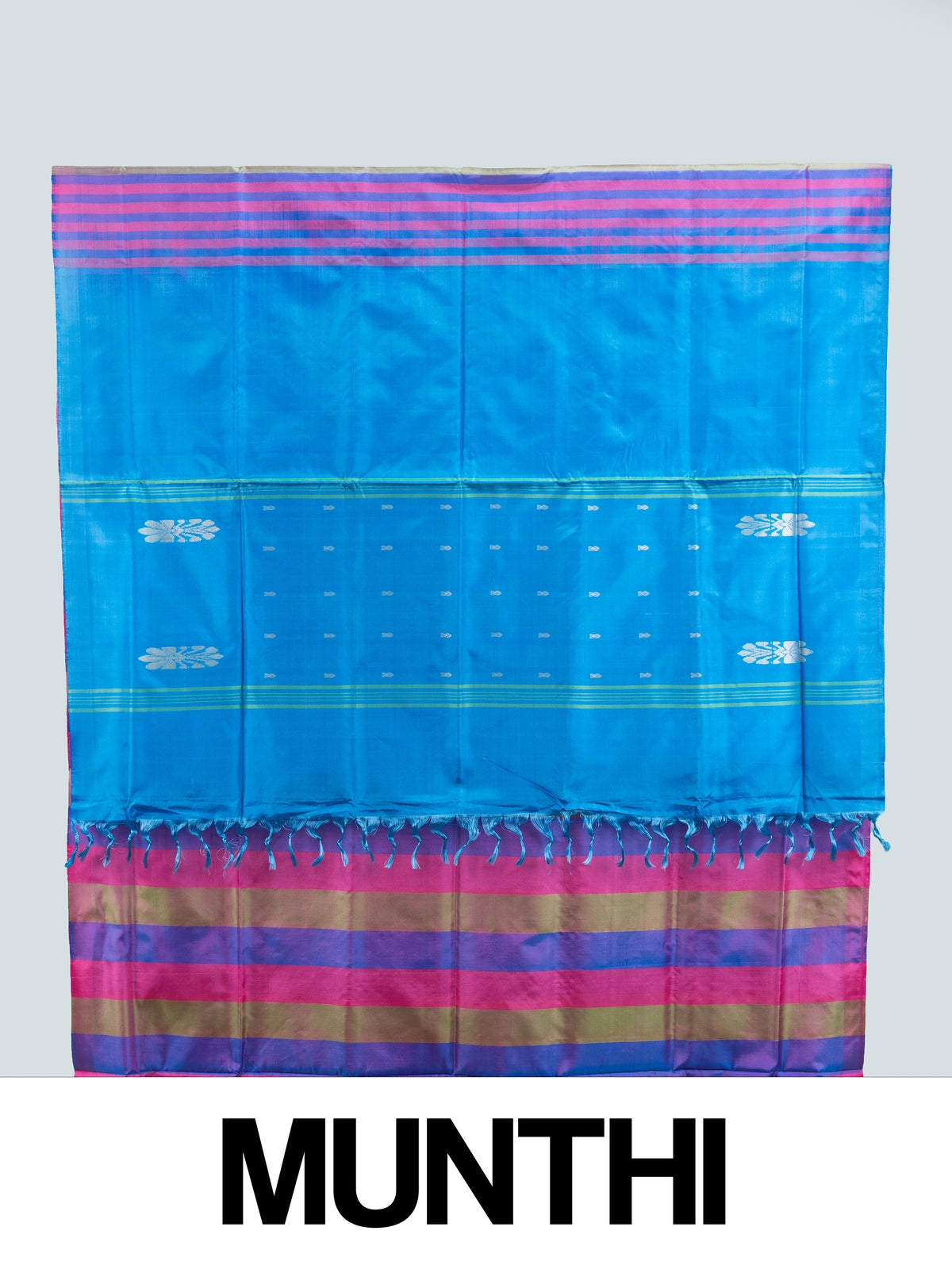 Multicolour checked banana silk saree with contrast blue pallu and silver woven motifs