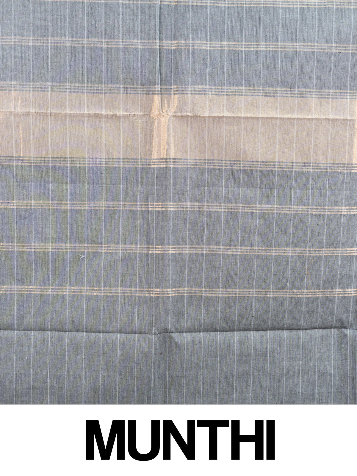 Grey Chettinad cotton saree with fine white stripes and contrast green gold zari temple border