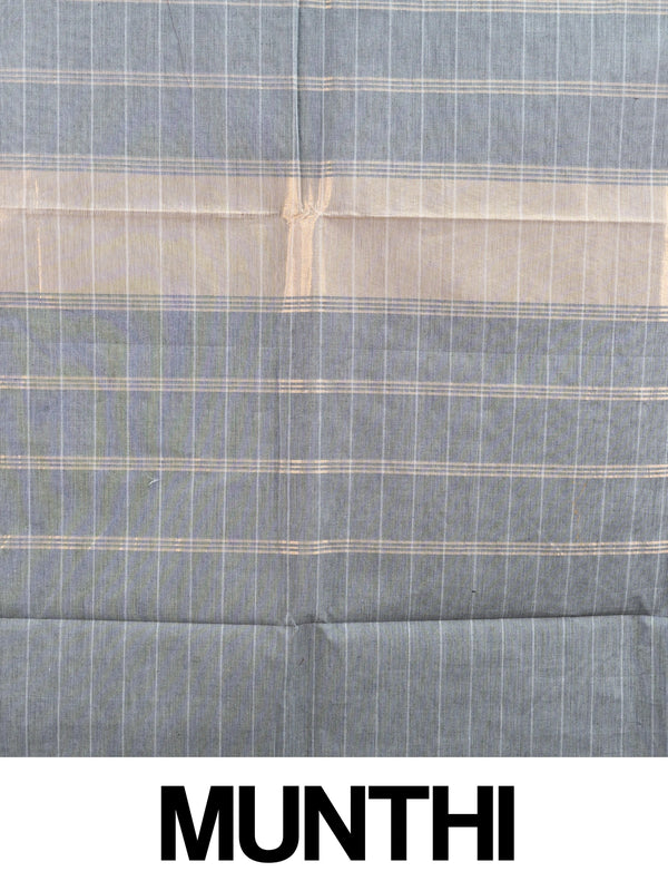Grey Chettinad cotton saree with fine white stripes and contrast green gold zari temple border