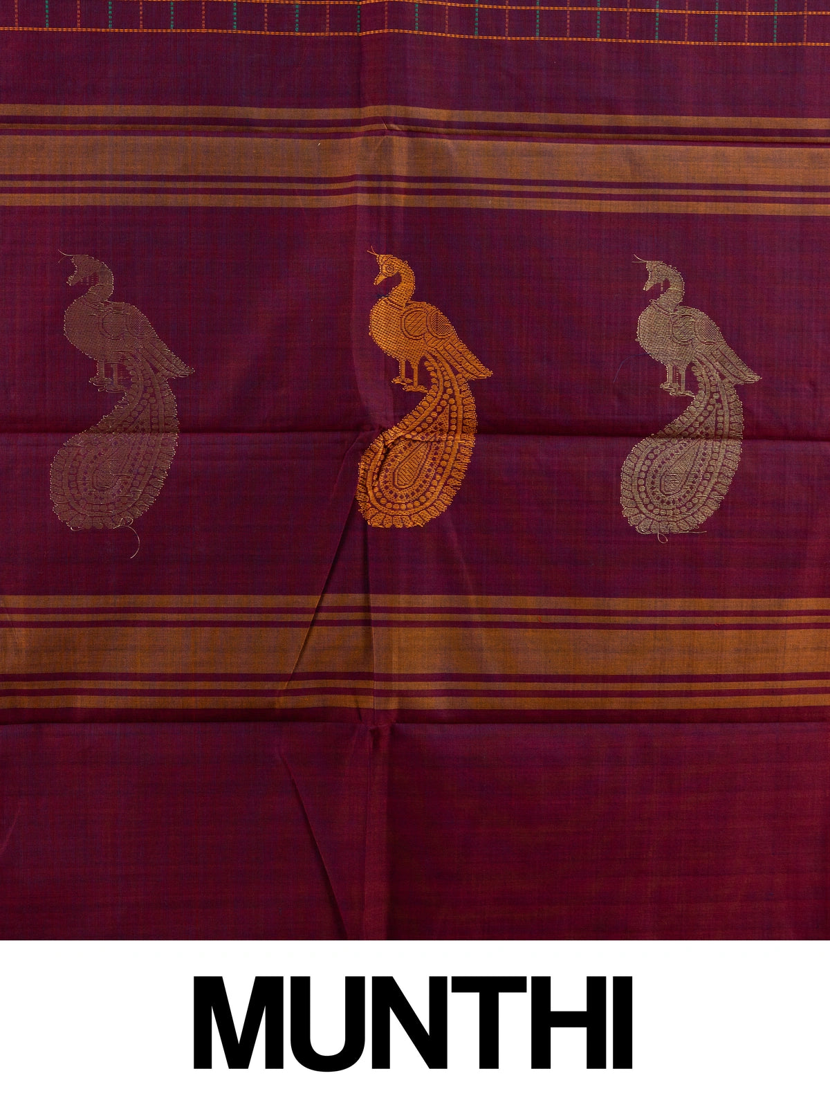 Maroon Chettinad cotton saree with checked body, contrast pink zari border and gold peacock motif pallu