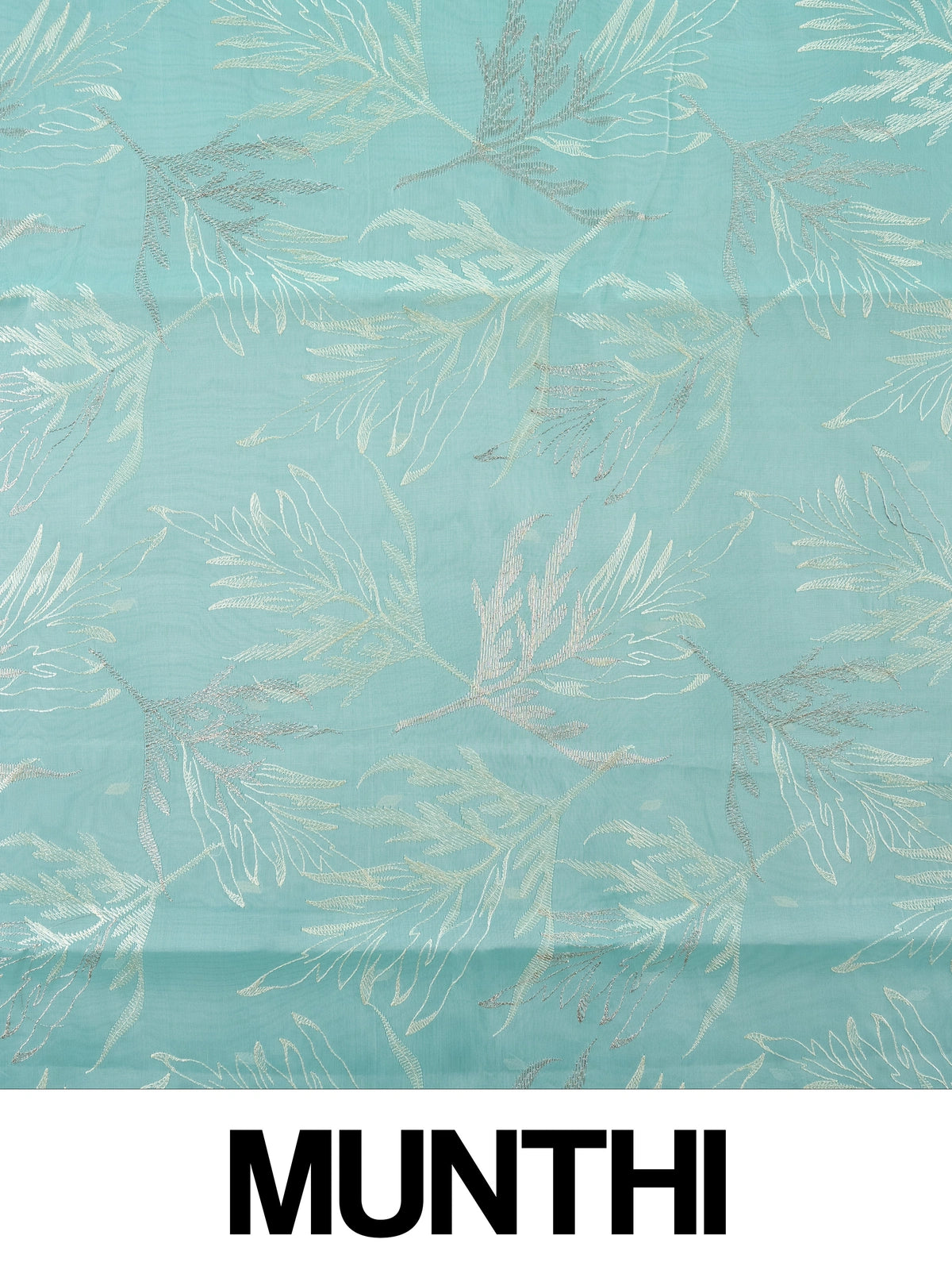 Aqua sea green organza designer saree with silver leaf embroidery and scalloped border