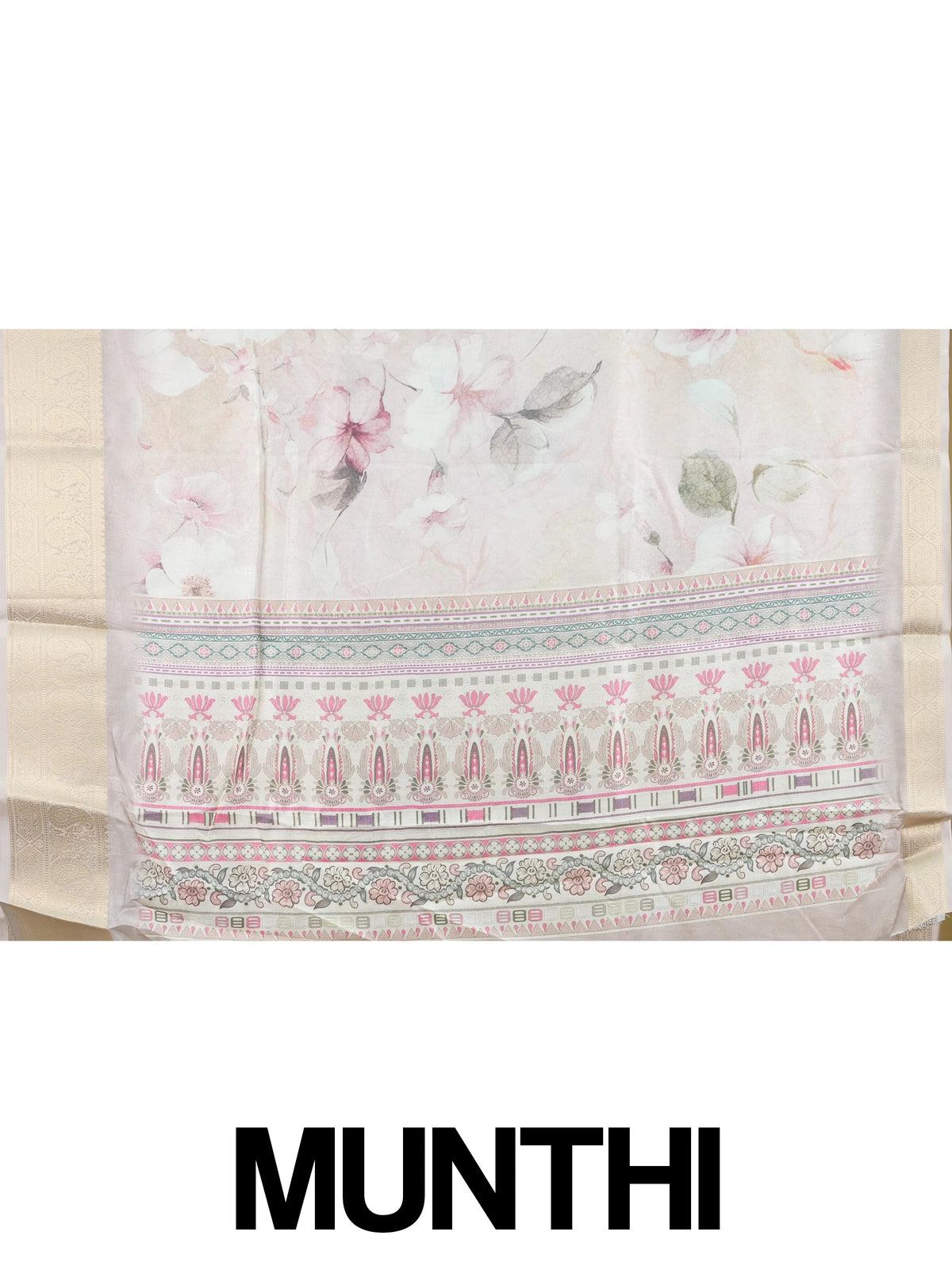 Pastel beige and pink floral designer art silk saree with gold zari border and printed pallu