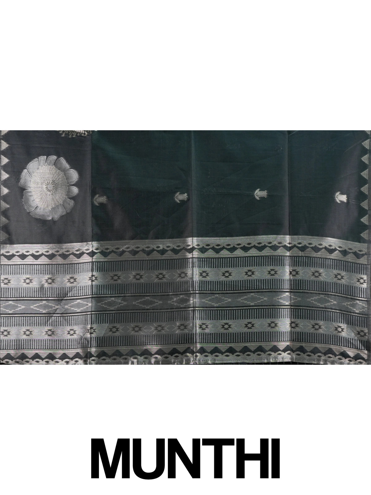 Black semi tussar saree with silver zari floral medallions and temple-design border