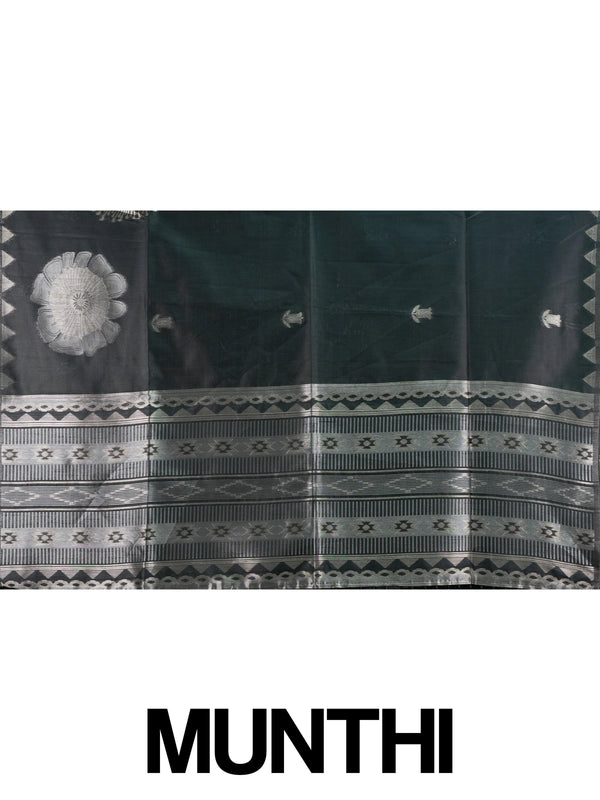 Black semi tussar saree with silver zari floral medallions and temple-design border