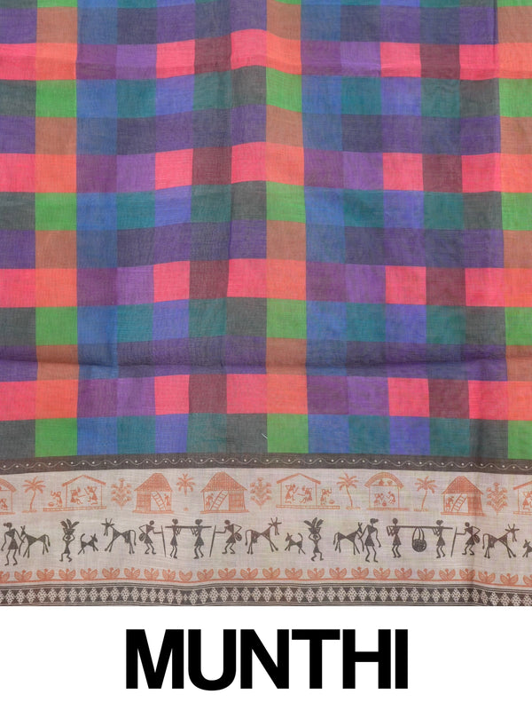 Multicolour checked linen cotton saree with cream Warli-art printed border and pallu