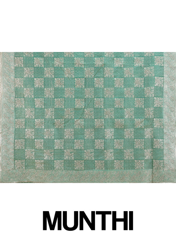 Sea green designer organza saree with silver zari and sequin paisley embroidery and embellished border