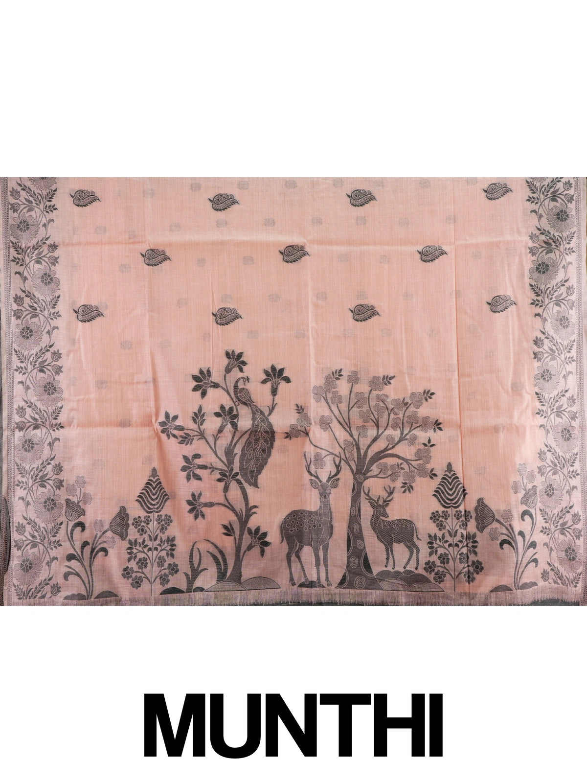 Peach linen cotton saree with grey floral border, paisley buta body and figurative peacock-deer pallu