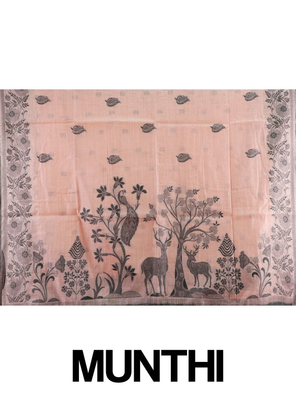 Peach linen cotton saree with grey floral border, paisley buta body and figurative peacock-deer pallu