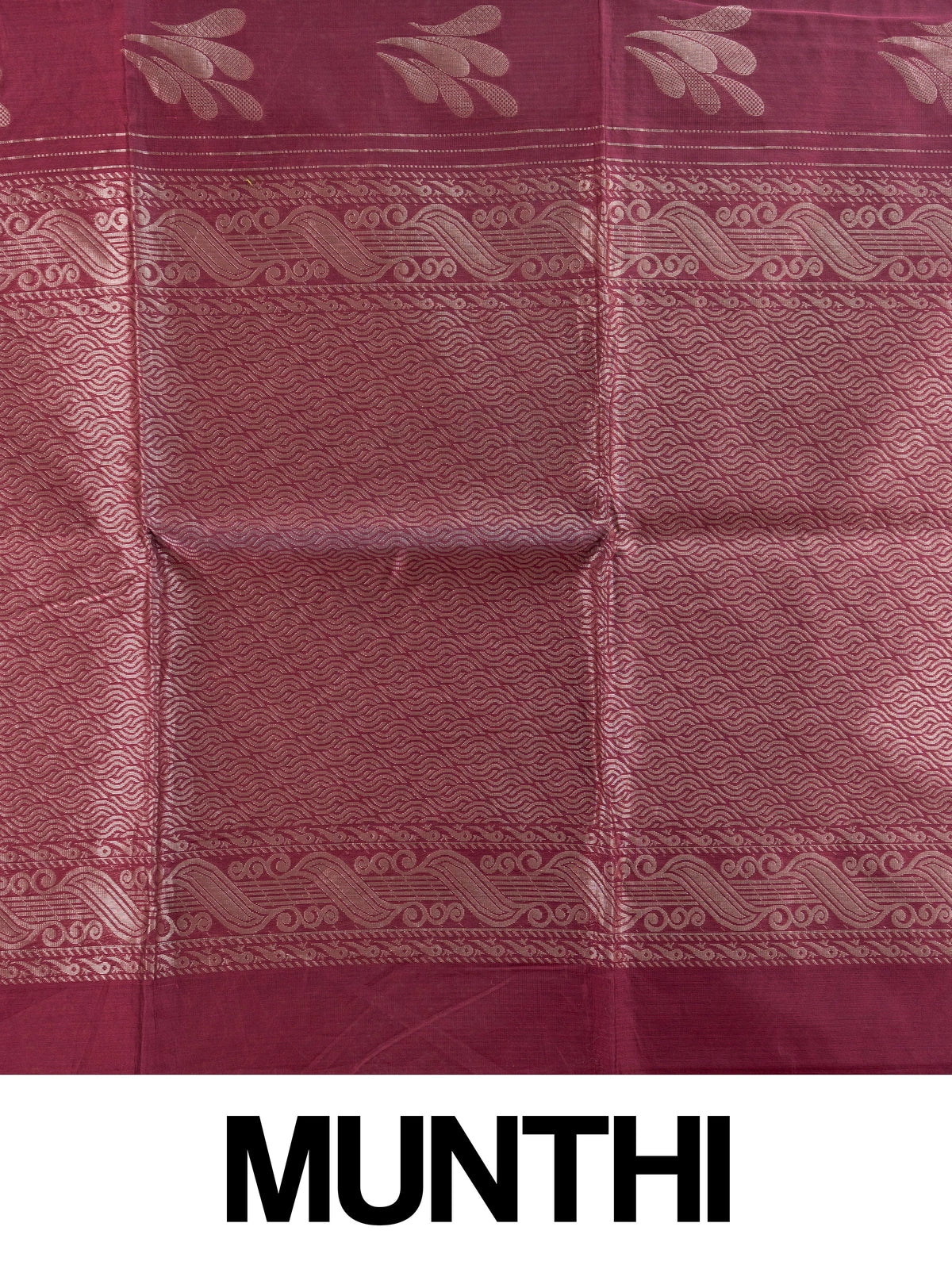 Maroon silk cotton saree with silver zari stripes, leaf motifs and woven scroll border