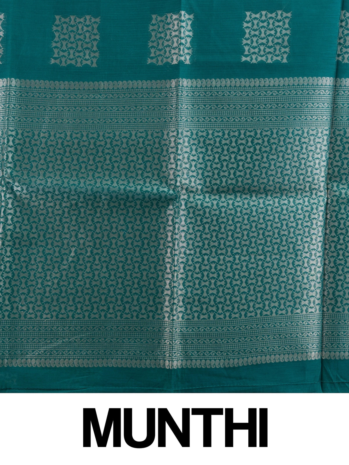 Teal green silk cotton saree with silver zari butta and contrast maroon border