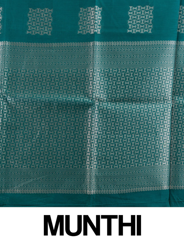 Teal green silk cotton saree with silver zari butta and contrast maroon border