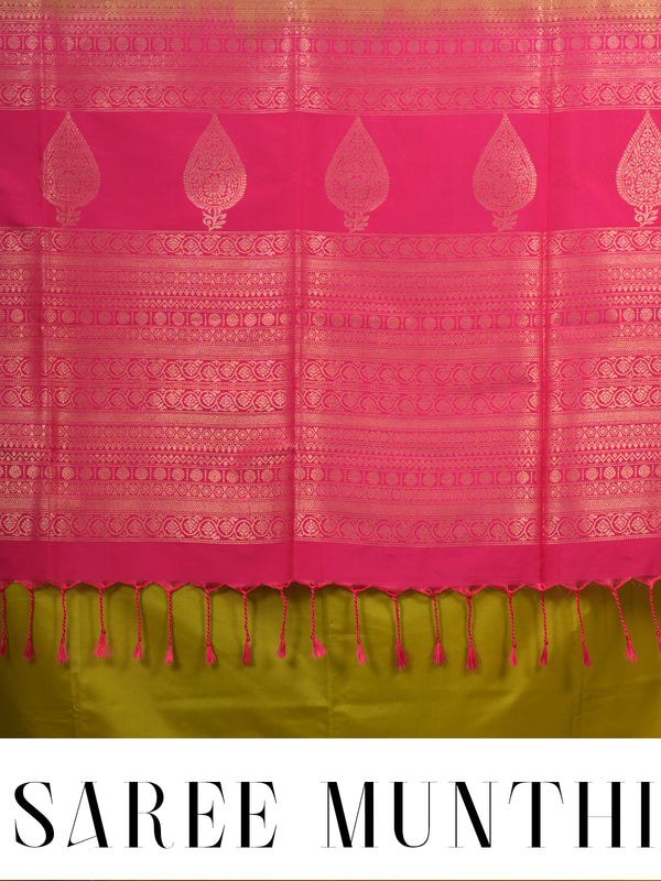 Olive Green with Rani Pink - Semi Silk Saree